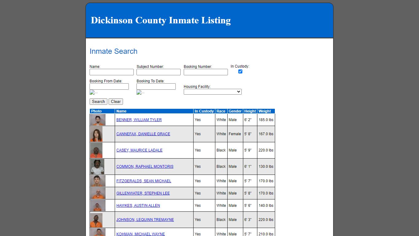 Dickinson County Inmate Listing